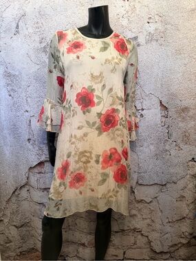 Elena Baldi Silk Cream Floral Shift Dress with Bell Sleeves
